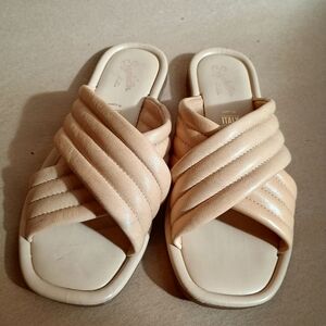 Seychelles Anthropologie Leather Crossband Slide Sandals Italy Sz 7.5 Tan Beige